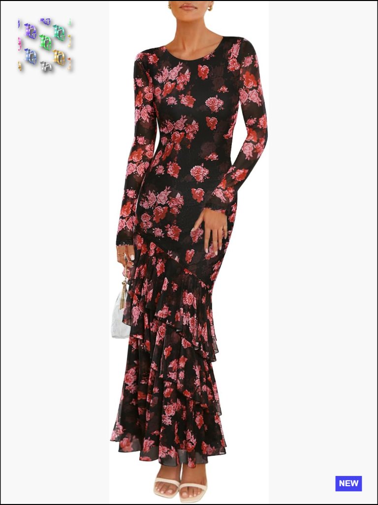 Floral Bodycon Maxi Dress Long Sleeve Mesh Ruffle Mermaid Party Wedding Guest